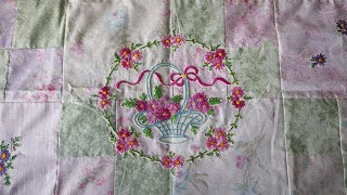 A Hint of Spring? Four Patch Quilt with Appliqué Pre-loved Hand Embroidery, A Flower Strewn Quilt