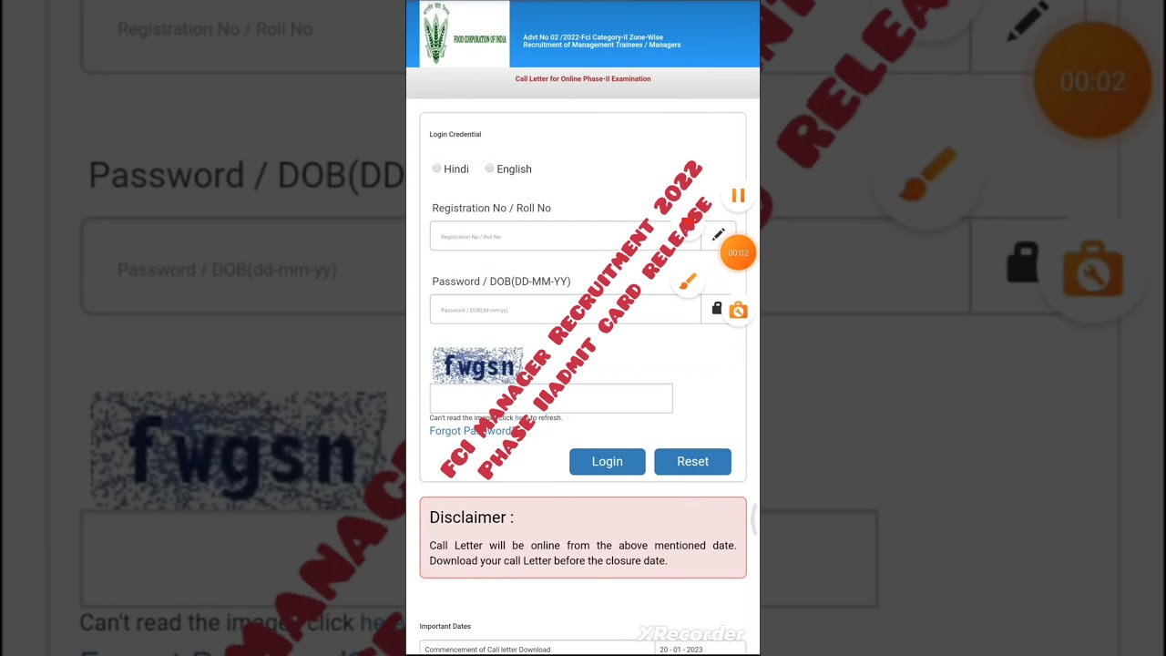 FCI Manager Recruitment 2022 phase II admit card release