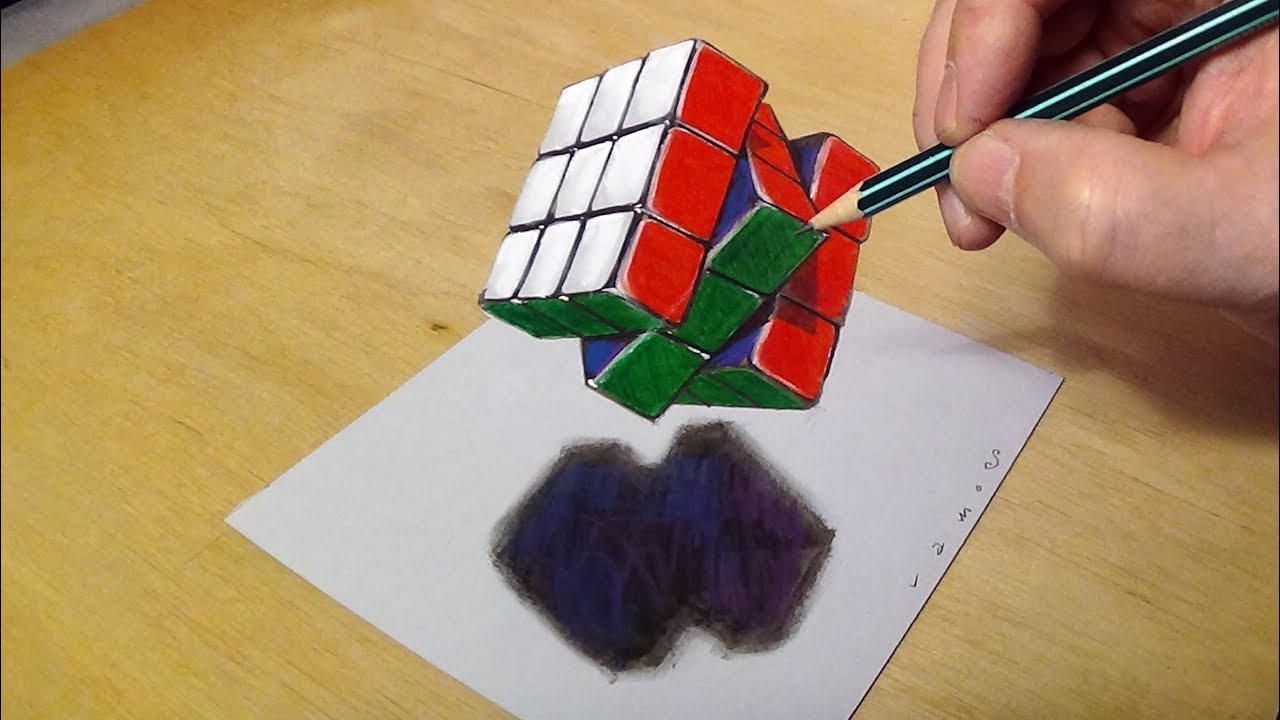 Drawing Floating Rubik's Cube - 3D Art by Vamos