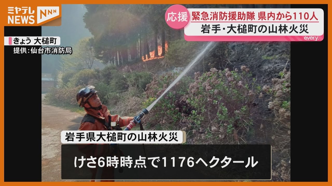 岩手県大槌町の山林火災1176ヘクタール延焼 仙台市消防など7消防110人を現地へ派遣