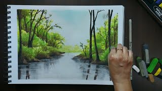 Draw Easily for Room Decor, Riverside Landscape for beginners - Easy Soft Pastel Drawing / Painting. screenshot 1