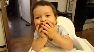 Baby tries a chocolate egg for the first time