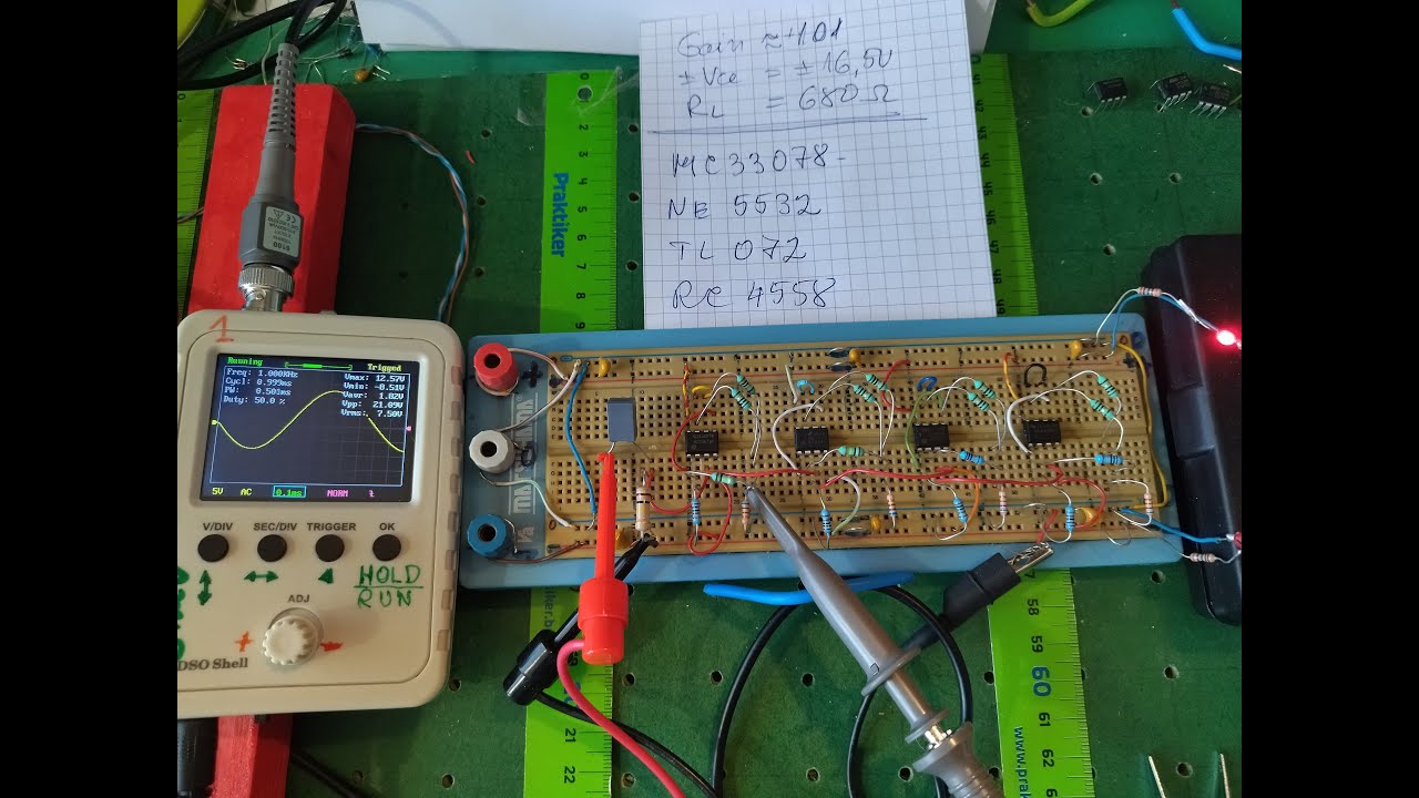 AC test of  MC33078,  NE5532, TL072, and RC4558 with gain +101 and two paralleled amplifiers