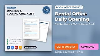 Information Dental Office Daily Opening & Closing Checklist | Editable Word + PDF | Instant Download Update