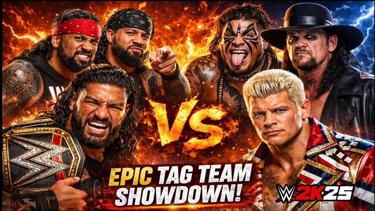 Roman Reigns ,Jey Uso, Jimmy Uso (The Bloodline) Vs Cody Rhodes, Undertaker, Umaga Tag Team WWE 2k25