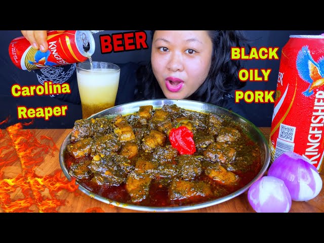 EATING HOTTEST CHILLI ‘ CAROLINA REAPER’ WITH BLACK OILY FATTY PORK BELLY & BEER MUKBANG ASMR 