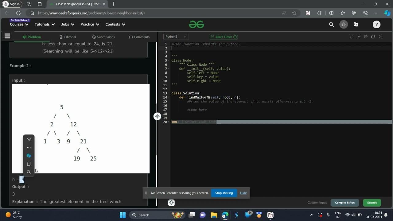 Closest Neighbour in BST GFG POTD Python Solution gfg potd today - YouTube