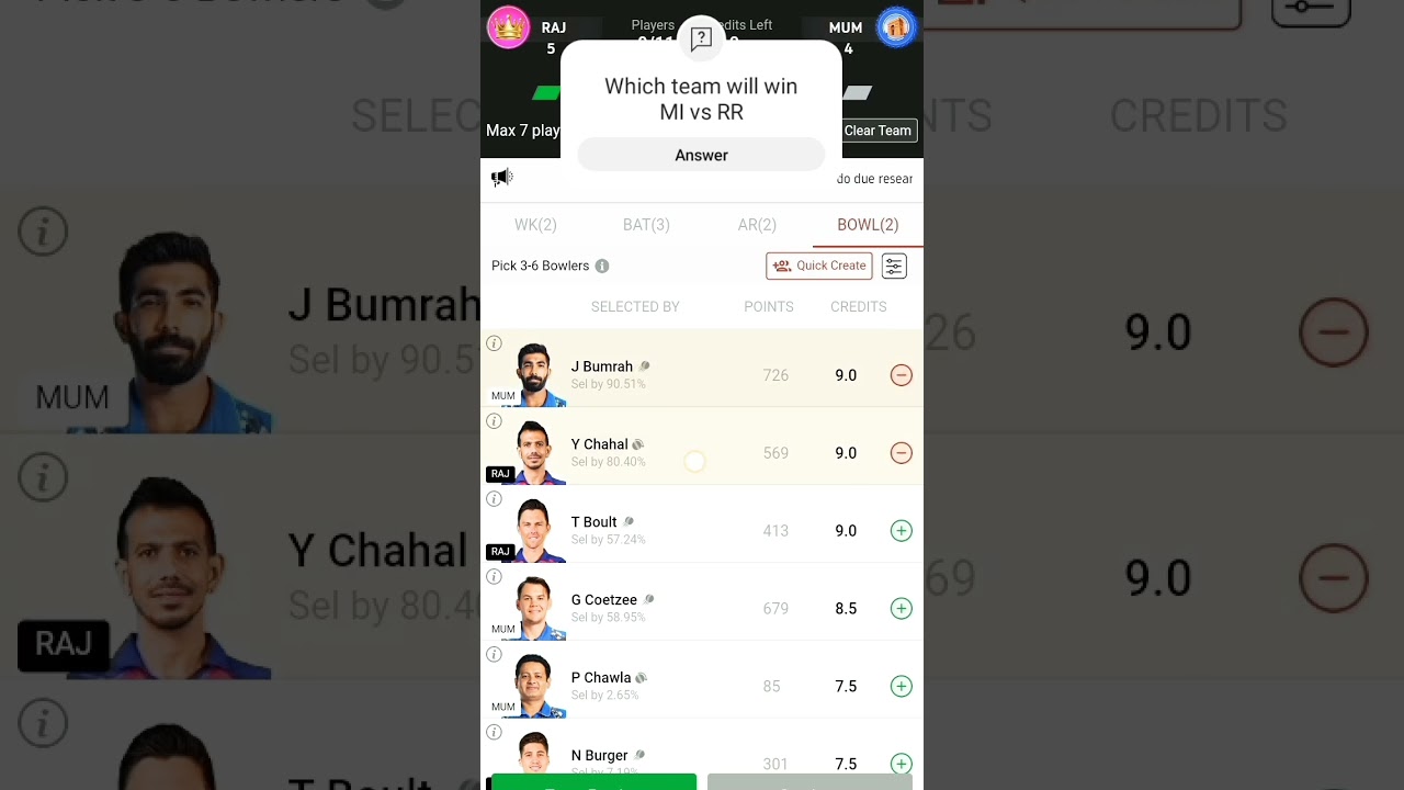 MI VS RR Vission 11 team preview