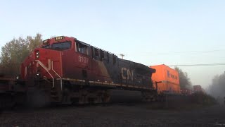 Very Long Stack Train CN 121 thru Berry Mills, NB in the Early Morning Fog
