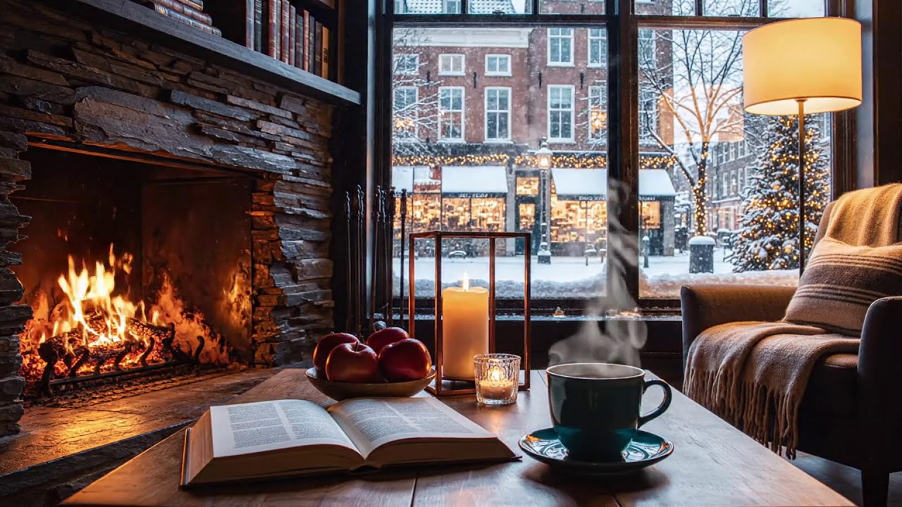 Winter Night Café Sounds ☕ Soft Jazz & Fireplace for Calm Productivity