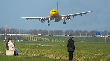 CROSSWIND LANDINGS during a STORM at Amsterdam - Airbus A300, Boeing 747 ... (4K)