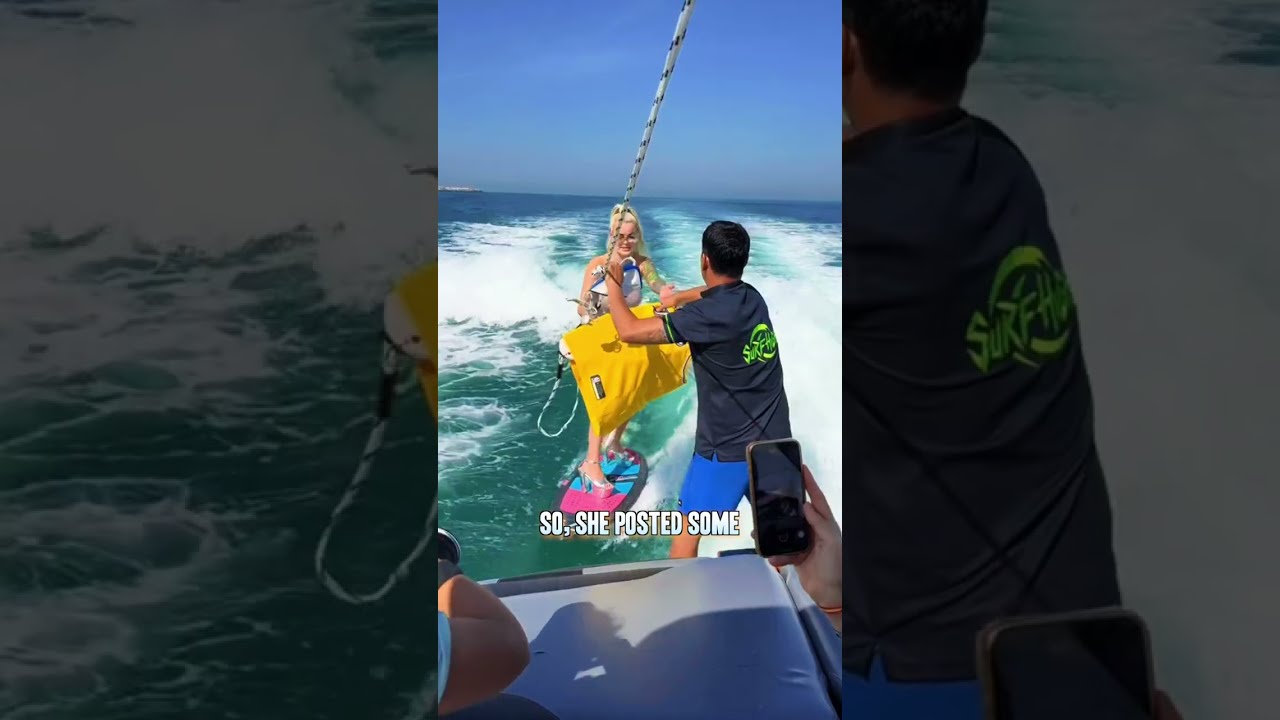 Tiktoker wears high heels while surfing