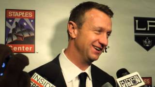Rob Blake speaks to the media after having his jersey retired