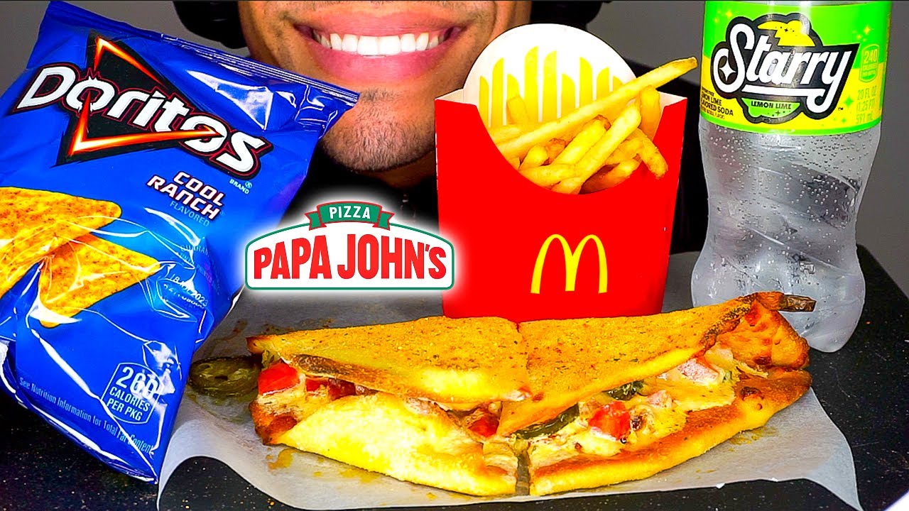PAPA JOHN'S PAPADIA MCDONALD'S FRIES DORITOS COOL RANCH SAUCE CHIPS STARRY SODA MUKBAN EATING SOUNDS