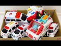 救急車のおもちゃを箱に集めてチェック！坂道走らせておかたづけコンテナにおかたづしていくよ★