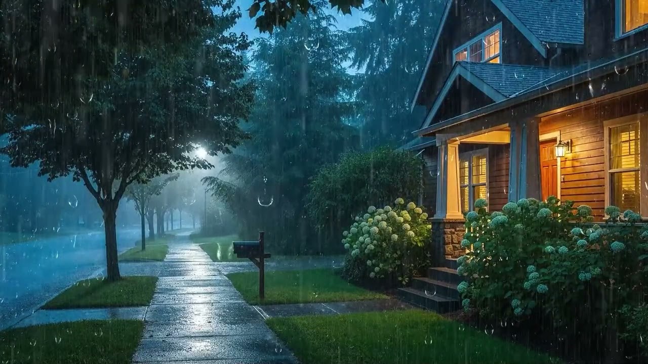 Cozy Rainy Night on the Street - Cozy Night Rain Ambience Outside a Warm House