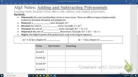 Algebra 1 Adding and Subtracting Polynomials Notes