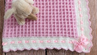 How to Crochet Waffle Stitch Baby Blanket (Pretty & EASY 2row repeat)