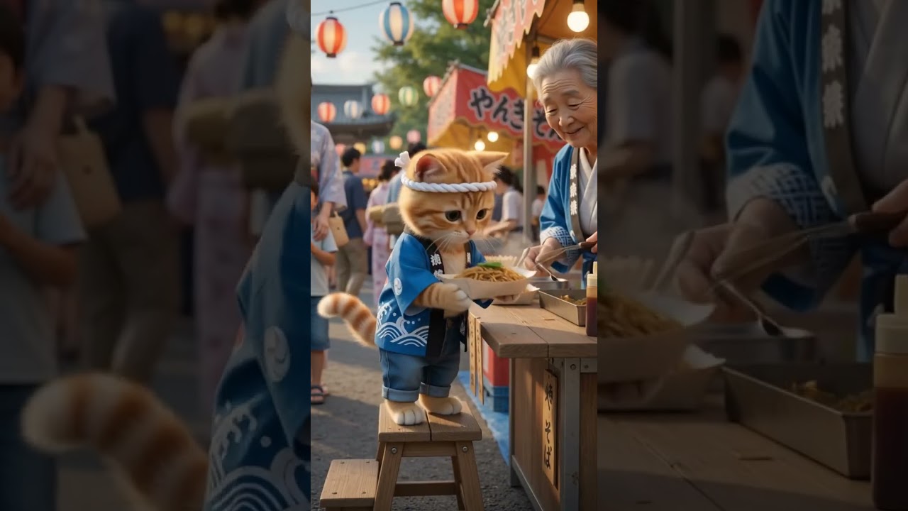 🏮 ニャン太、夏祭りでアルバイト!はじめてのたこ焼き屋さん2 🏮 Nyanta's Summer Festival Job! His First Takoyaki2 #shorts t