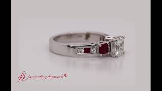 Asscher Cut Channel Three Stone Diamond Engagement Ring With Ruby In 14K White Gold- FDENS205-R
