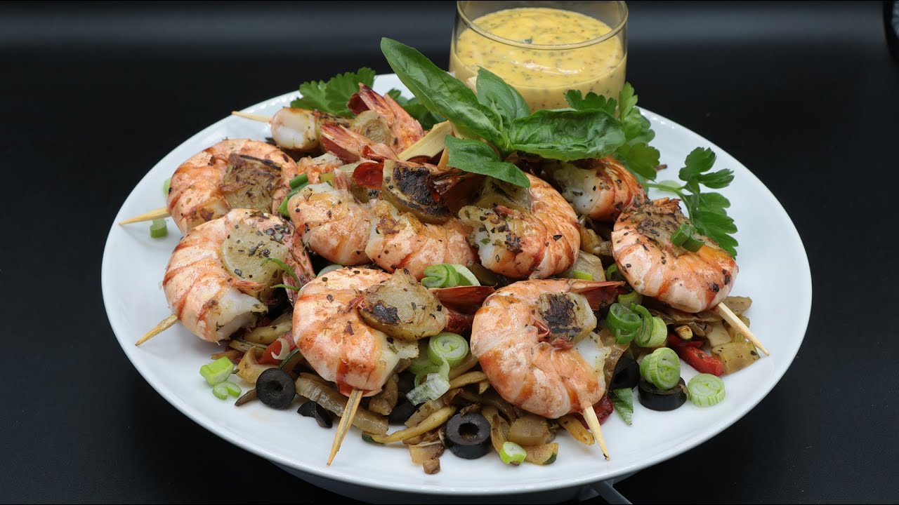 Gambas grillées aux citrons confits, mayonnaise au basilic et à la pointe d'ail