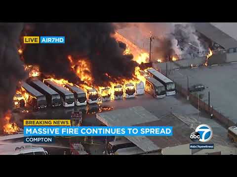Massive fire at Compton industrial complex rips through structures, buses   Credit ABC7