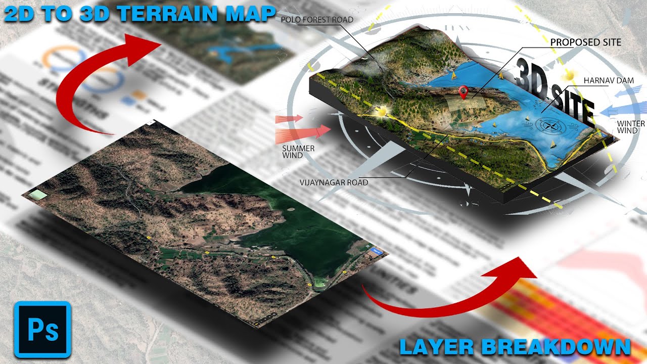 2D TO 3D TERRAIN MAP | SITE ANALYSIS | LAYER BREAKDOWN | PHOTOSHOP ...