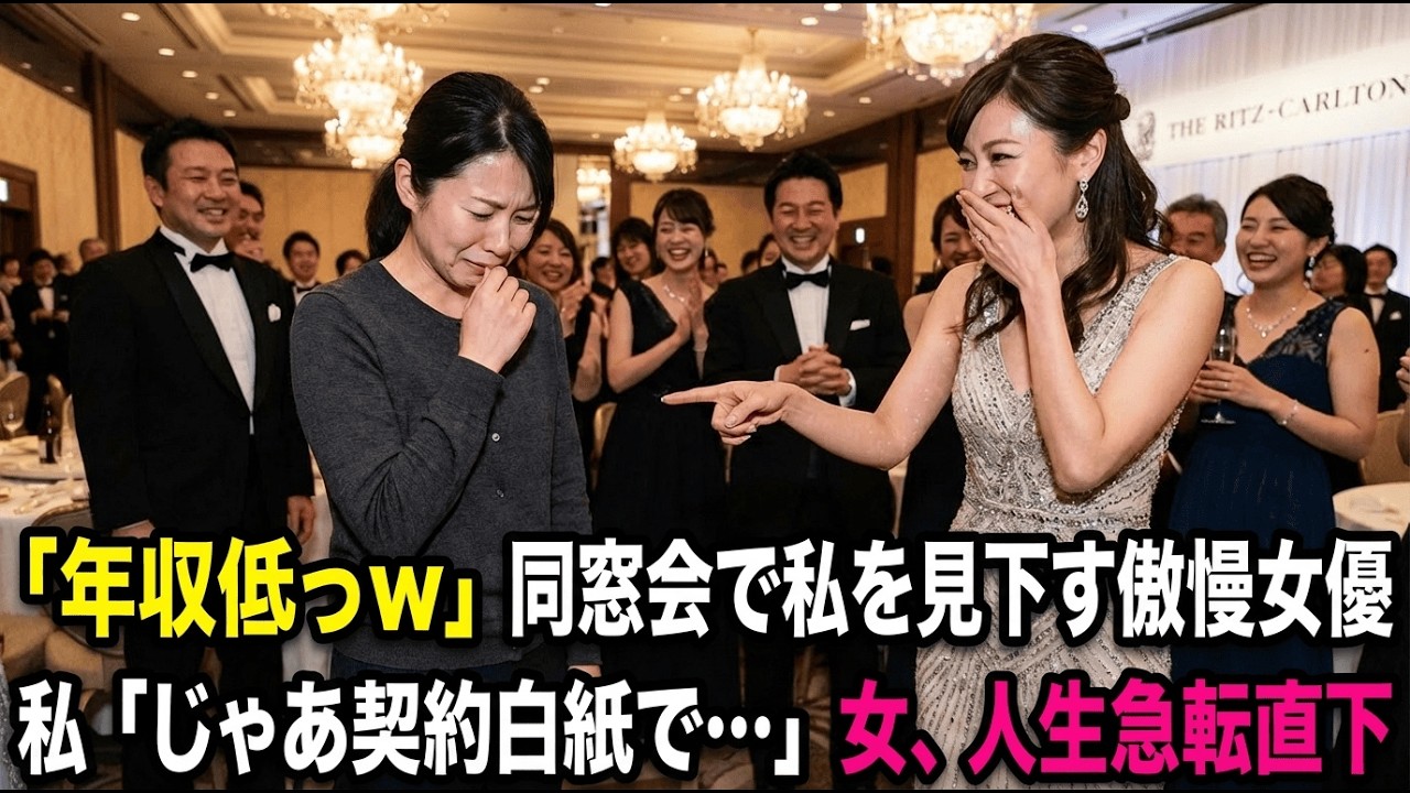 【スカッと】「年収低っｗ」同窓会で私を見下す傲慢人気女優。だが彼女は知らない。末席の同級生が【〇〇】である事に…翌日、億の契約が白紙になり人生急転直下