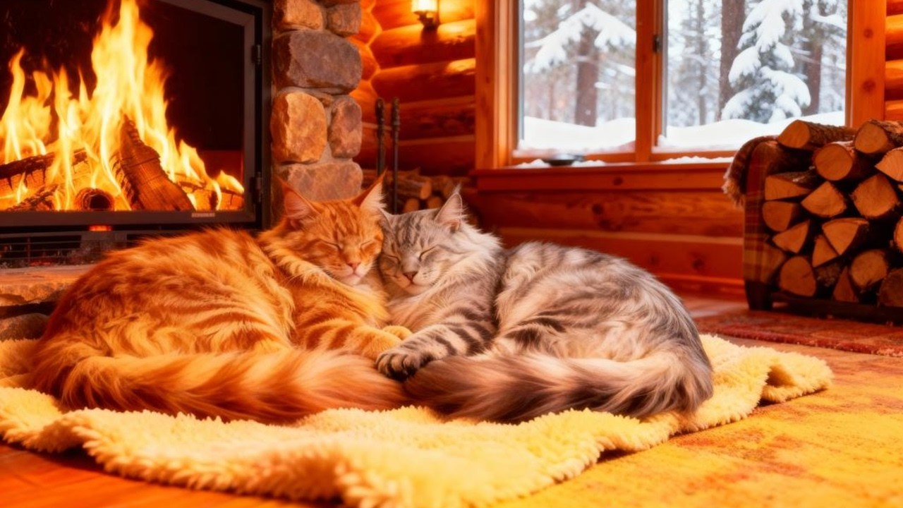 Snowy Cabin Ambience: Fireplace Sounds & Purring Cat for Sleep