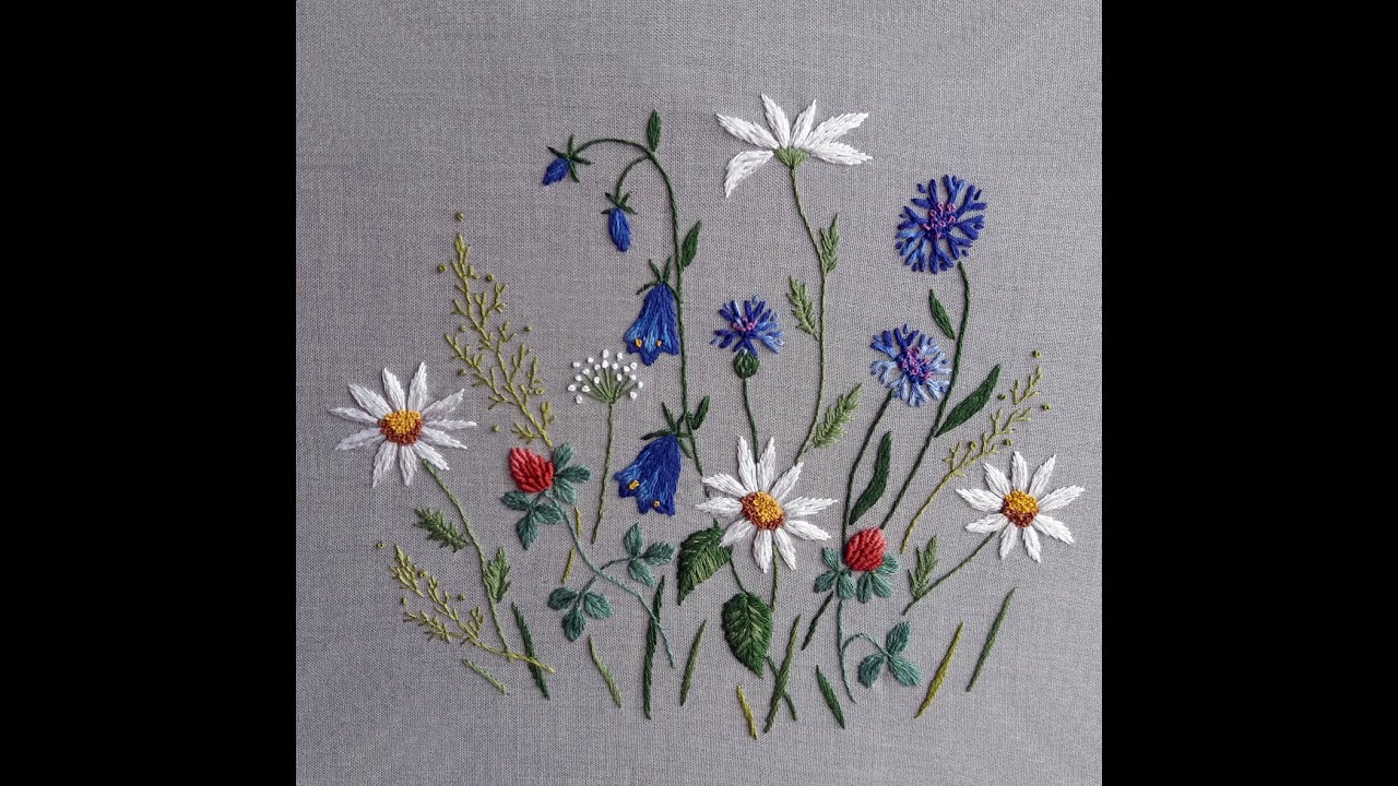 Вышивка полевых цветов простыми швами схемы