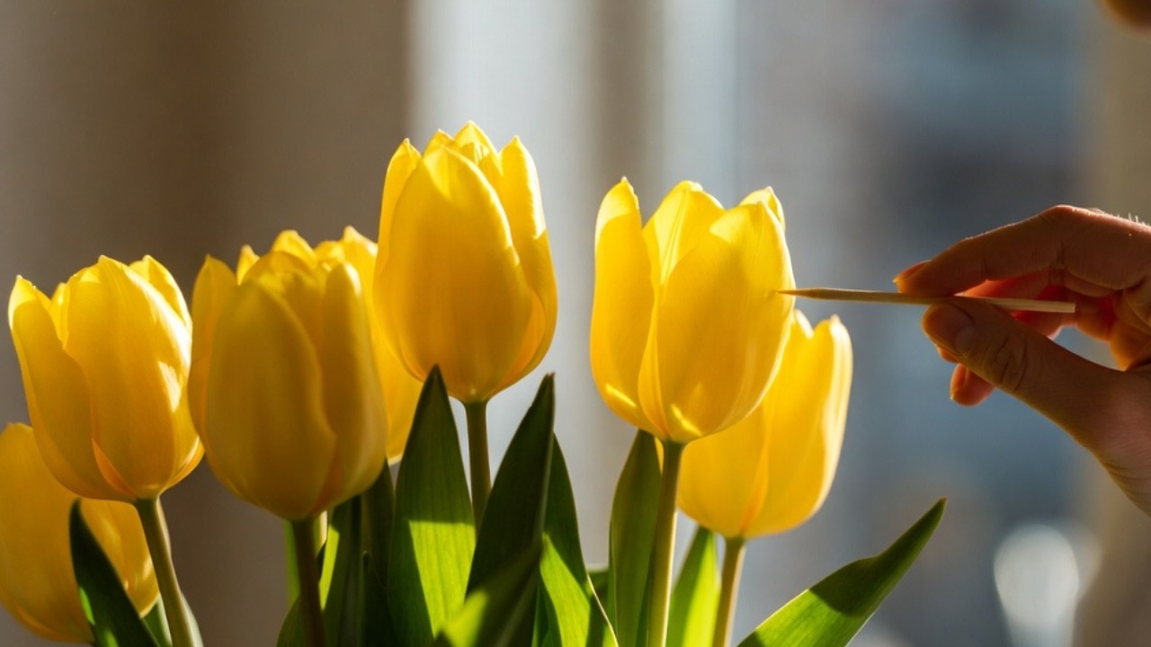 Nimm einen Zahnstocher. So bleiben Tulpen länger frisch