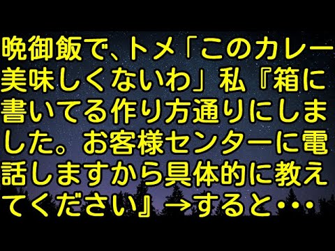 【スカッとする話】晩御飯で、トメ「このカレー美味しくないわ」私『箱に書いてる作り方通りにしました。お客様センターに電話しますから具体的に教えてください』→すると・・・　スカッとしようぜチャンネル