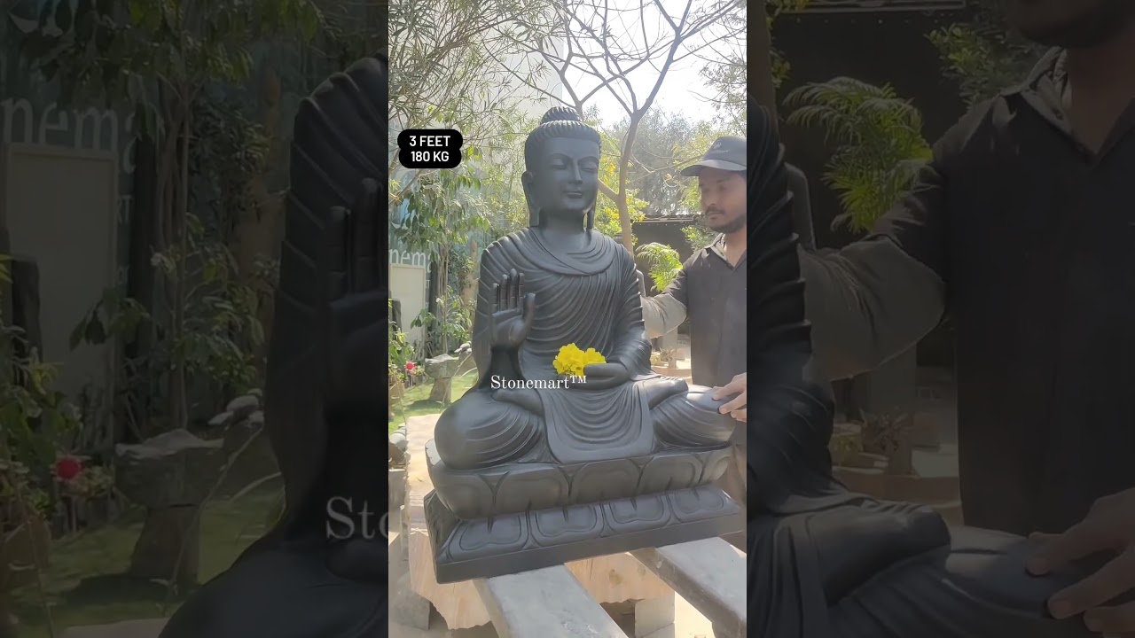 HANDLING 3 FEET, 180 KG BIG BLACK MARBLE GARDEN BUDDHA SCULPTURE 