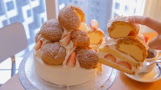 딸기 쿠키슈 케이크 만들기 Strawberry cream puffs cake recipe 순우유 크림 딸기케이크 레시피 쿠키슈 만드는법 커스터드 크림 디플로마트 크림 제누와즈
