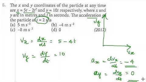 The x and y coordinates of the particle at any time are x=5t-2t and y=10t respectively, where x and