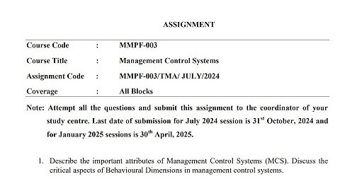 IGNOU MMPF - 003 Solved Assignment July 2024 Jan 2025 PDF | IGNOU MBA | Management Control Systems