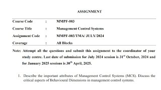 IGNOU MMPF - 003 Solved Assignment July 2024 Jan 2025 PDF | IGNOU MBA | Management Control Systems