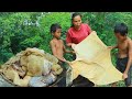 survival in the rainforest-found beef offal for cook with taro near river &amp; eat with twos boy