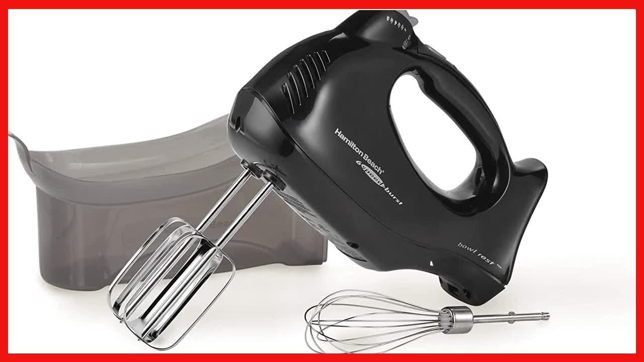 Hamilton Beach Electric Hand Mixer with Snap-On Case, Twisted Wire Beaters,  Milkshake Rod, Dough Hook, Whisk, 6-Speed, Black