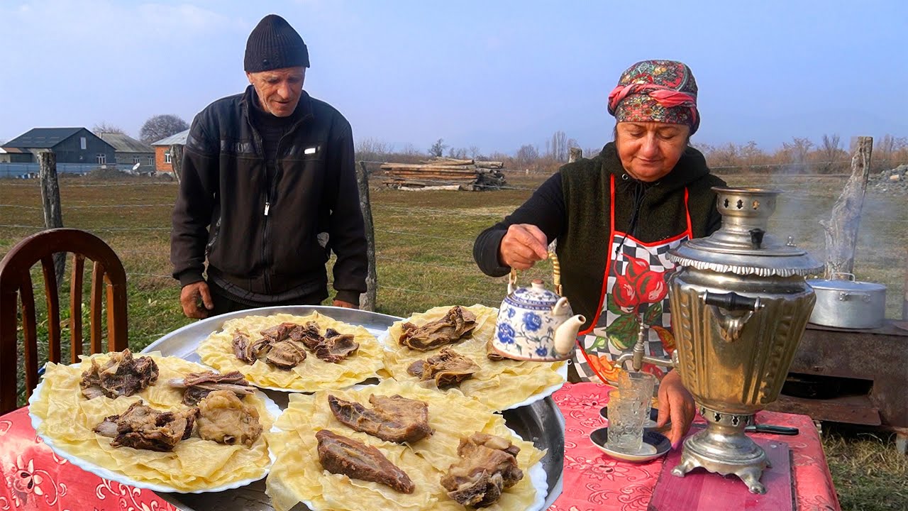 Traditional Azerbaijan Dish Recipe from Dough and Meat in the Village ...