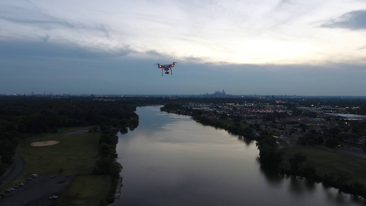 Close proximity drone flying over Cooper River Park