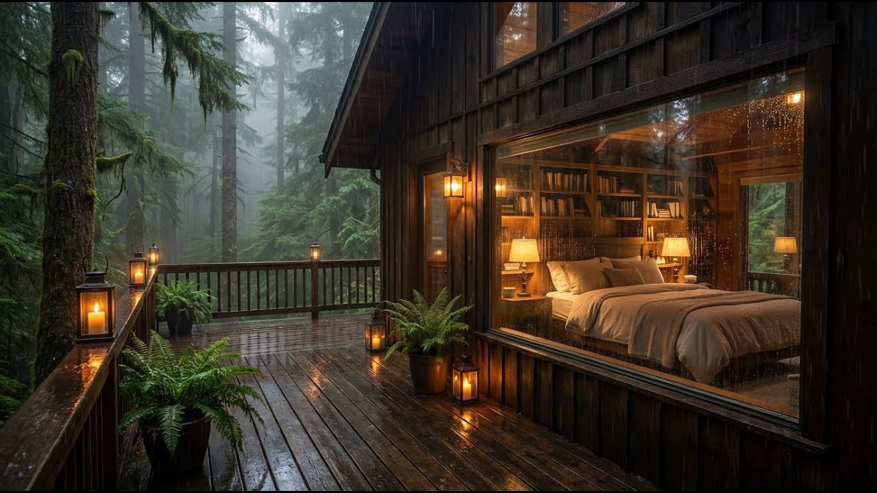 Sleep Fast Heavy Rain & Piano in Warm Cabin Wood Balcony for Anxiety Relief Fast 🏡💤