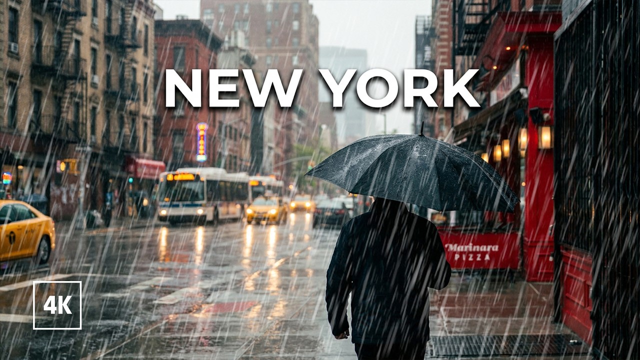 New York, Amerika Serikat | lower manhattan | Tur Jalan Saat Hujan 4K