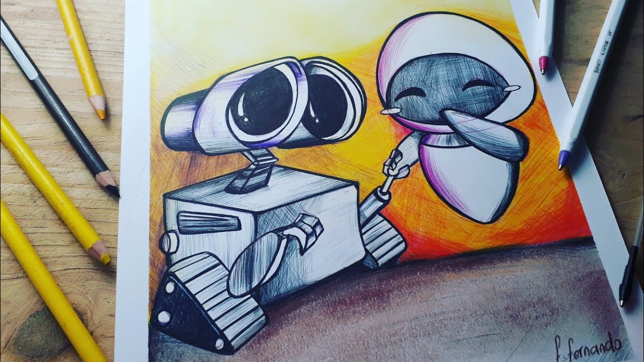 COMO DIBUJAR WALL E Y EVA MUY SENCILLO   DIBUJOS DE AMOR