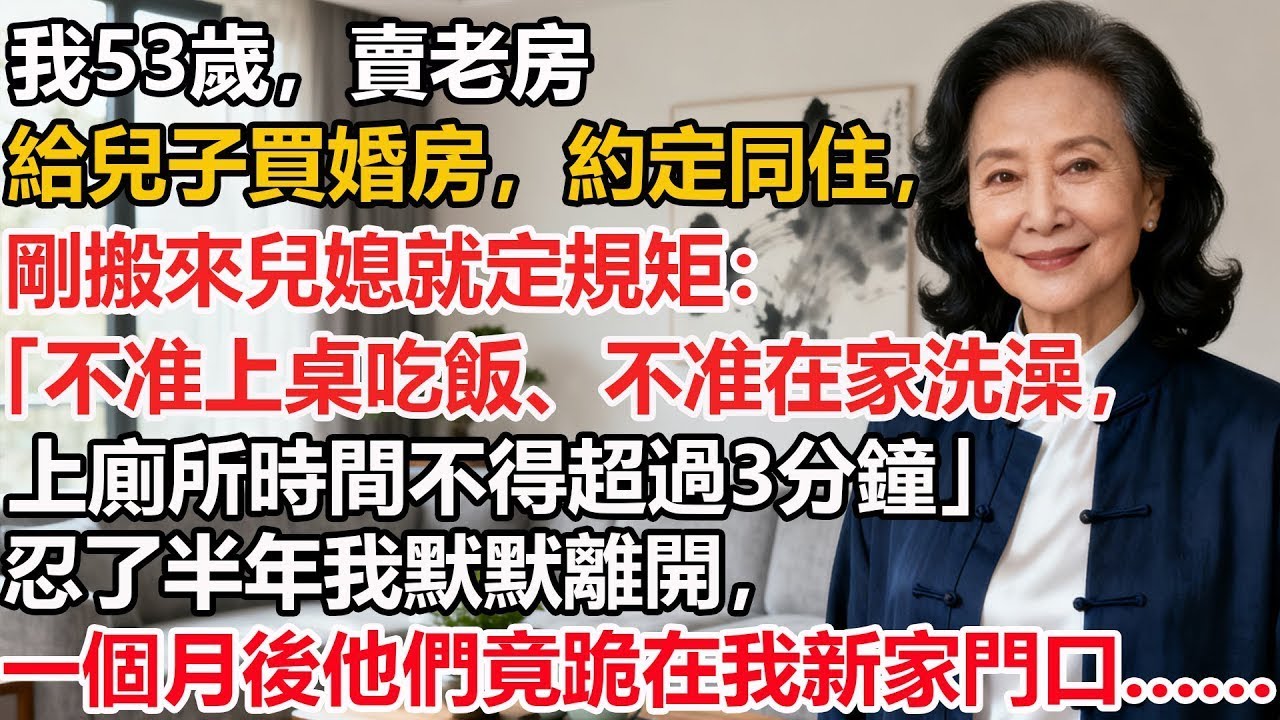 【我53歲】賣老房給兒子買婚房，約定同住，剛搬來兒媳就定規矩：「不准上桌吃飯、不准在家洗澡，上廁所時間不得超過3分鐘」忍了半年我默默離開，一個月後他們竟跪在我新家門口……