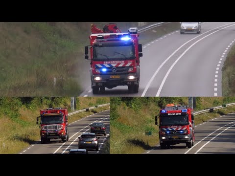 Tankautospuit, Hulpverleningsvoertuig en Haakarmvoertuig Brandweer Brunssum met spoed naar meldingen