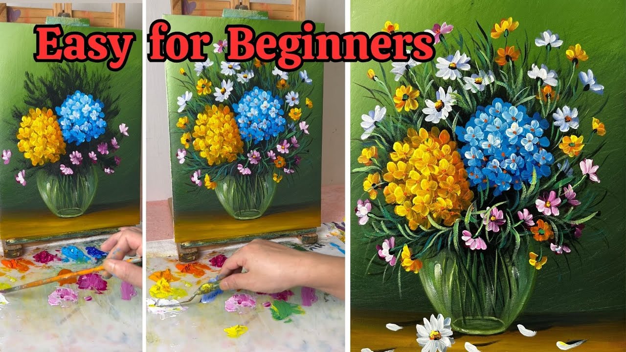 How to Paint a Vibrant Flower Bouquet in a Glass Vase - Acrylic ...