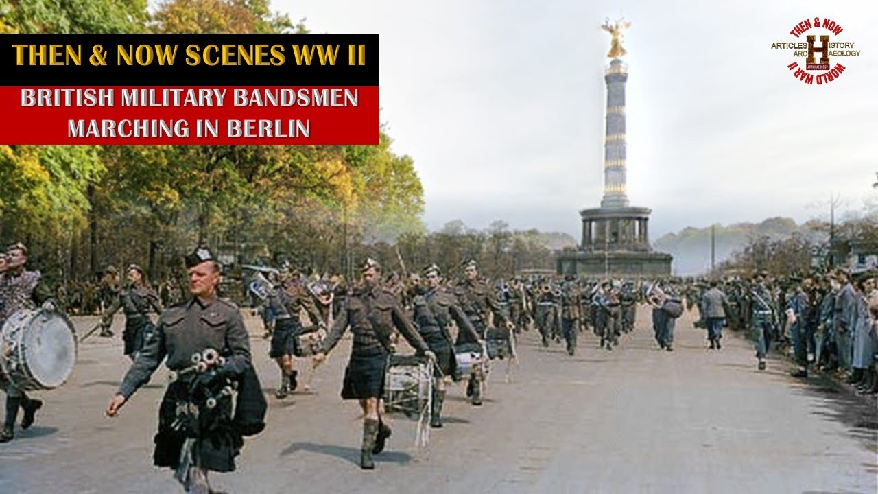 BRITISH MILITARY BANDSMEN MARCHING IN BERLIN