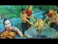 Survival in the rainforestfound pig for cook  near river  eat with twos boy