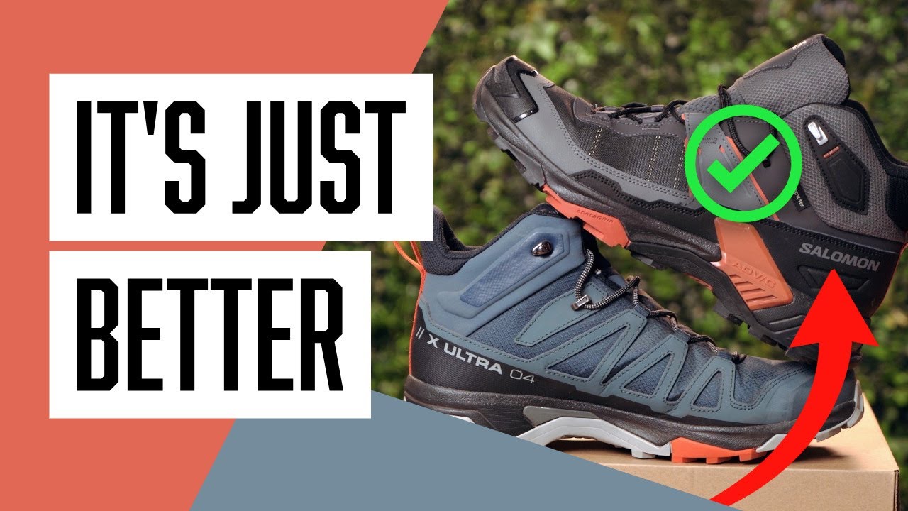 Salomon X Ultra GTX hiking shoes on rocky mountain terrain